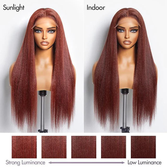 Hair Realistic Reddish Brown Kinky Straight Glueless 5x5 Closure Lace Wig for All Skin Tones