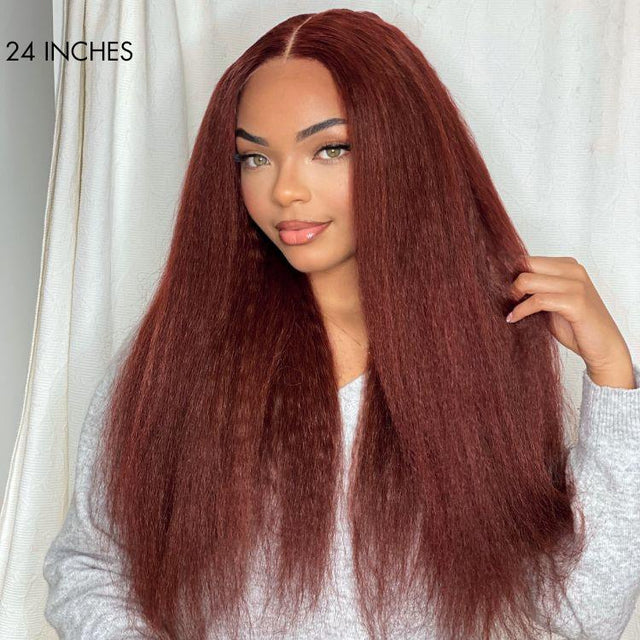Hair Realistic Reddish Brown Kinky Straight Glueless 5x5 Closure Lace Wig for All Skin Tones