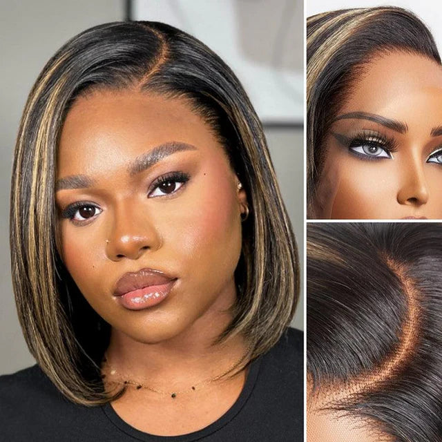 Ombre Blonde Highlight Silky Straight Glueless Ear-to-ear Lace Bob Wig 100% Human Hair Pre-Cut Lace
