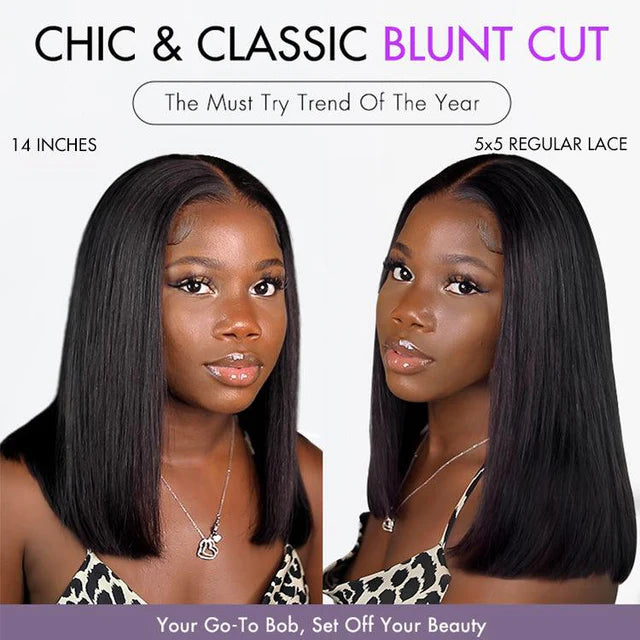 Silky Blunt Cut Glueless 2x6 / 5x5 Closure Lace Shoulder Length Bob Wig Pre Plucked & Bleached