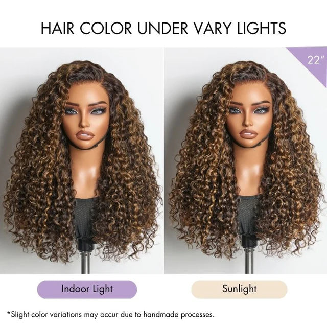 Wig PartingMax Brown Highlights Funmi Curly 7x6 Closure HD Lace Glueless Wig Pre Cut Lace