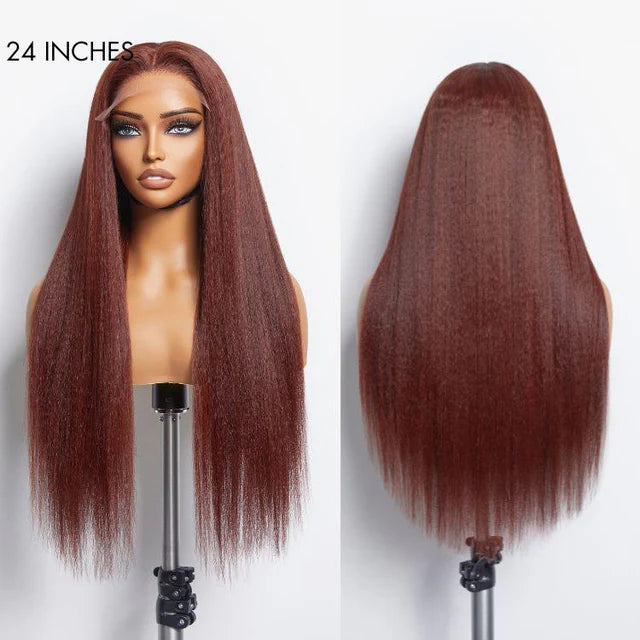 Hair Realistic Reddish Brown Kinky Straight Glueless 5x5 Closure Lace Wig for All Skin Tones
