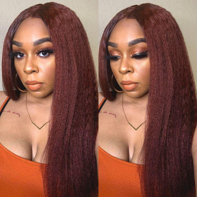 Hair Realistic Reddish Brown Kinky Straight Glueless 5x5 Closure Lace Wig for All Skin Tones