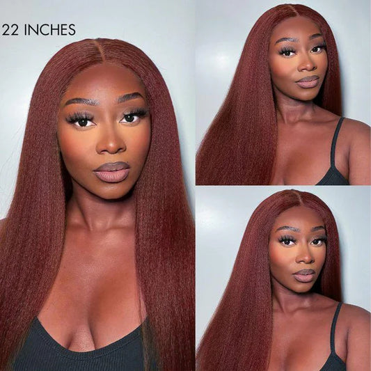 Hair Realistic Reddish Brown Kinky Straight Glueless 5x5 Closure Lace Wig for All Skin Tones