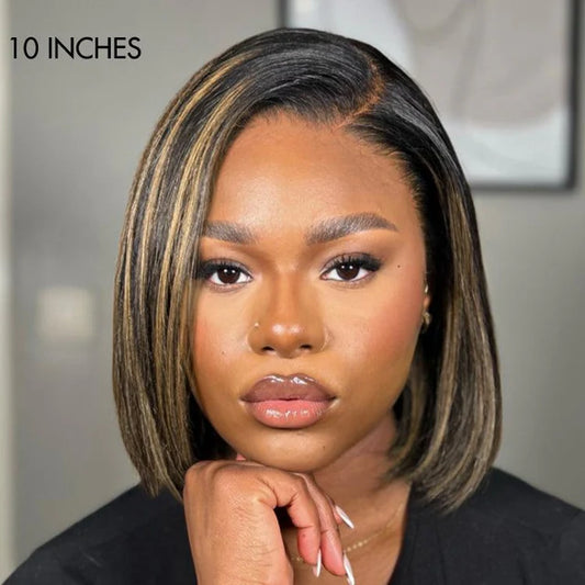 Ombre Blonde Highlight Silky Straight Glueless Ear-to-ear Lace Bob Wig 100% Human Hair Pre-Cut Lace