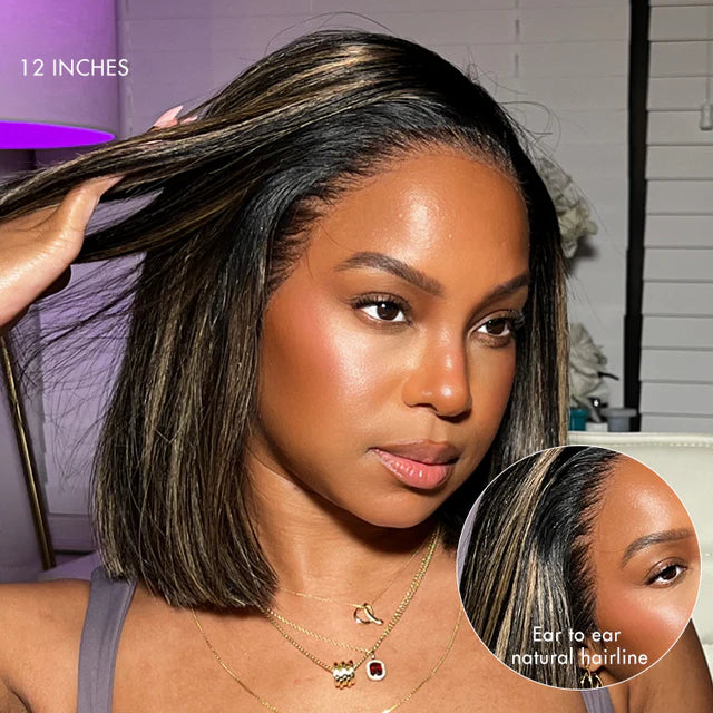Ombre Blonde Highlight Silky Straight Glueless Ear-to-ear Lace Bob Wig 100% Human Hair Pre-Cut Lace