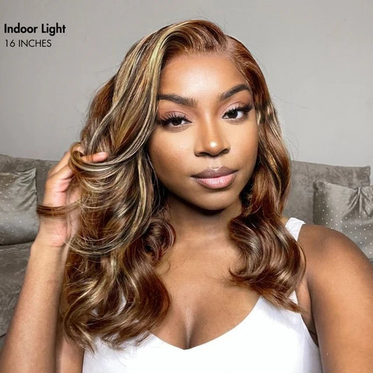 PreMax Wigs - Honey Blonde Highlight / Natural Black / Ombre Blonde Bouncy Body Wave Glueless 13x4 Frontal Lace Human Hair Wig