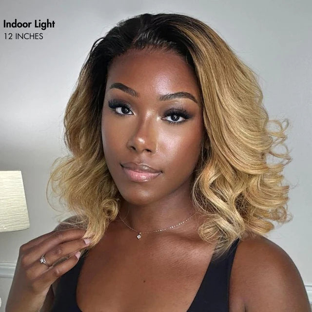 PreMax Wigs - Honey Blonde Highlight / Natural Black / Ombre Blonde Bouncy Body Wave Glueless 13x4 Frontal Lace Human Hair Wig