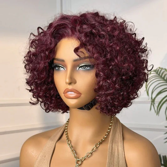 Trendy Burgundy Curly Bob Glueless Minimalist HD Lace T Part 99J Hair Color Wig 100% Human Hair