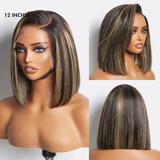 Ombre Blonde Highlight Silky Straight Glueless Ear-to-ear Lace Bob Wig 100% Human Hair Pre-Cut Lace