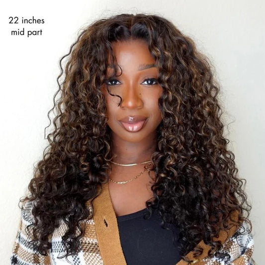 Wig PartingMax Brown Highlights Funmi Curly 7x6 Closure HD Lace Glueless Wig Pre Cut Lace