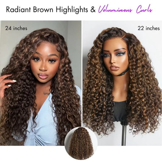 Wig PartingMax Brown Highlights Funmi Curly 7x6 Closure HD Lace Glueless Wig Pre Cut Lace