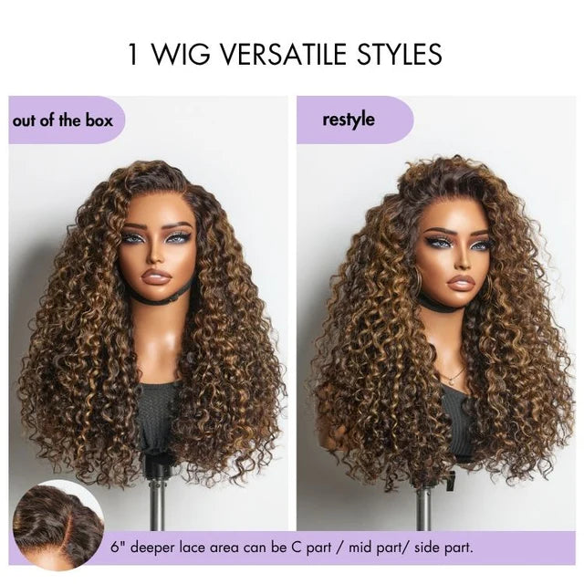 Wig PartingMax Brown Highlights Funmi Curly 7x6 Closure HD Lace Glueless Wig Pre Cut Lace