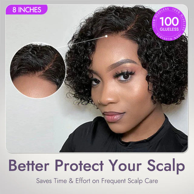 Trendy Short Cut Curly Minimalist HD Lace Glueless Side Part Wig 100% Human Hair